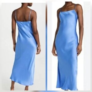 Pistola Mari Midi Slip Dress Blue Lagoon Drape Neck Slit Satin S Small